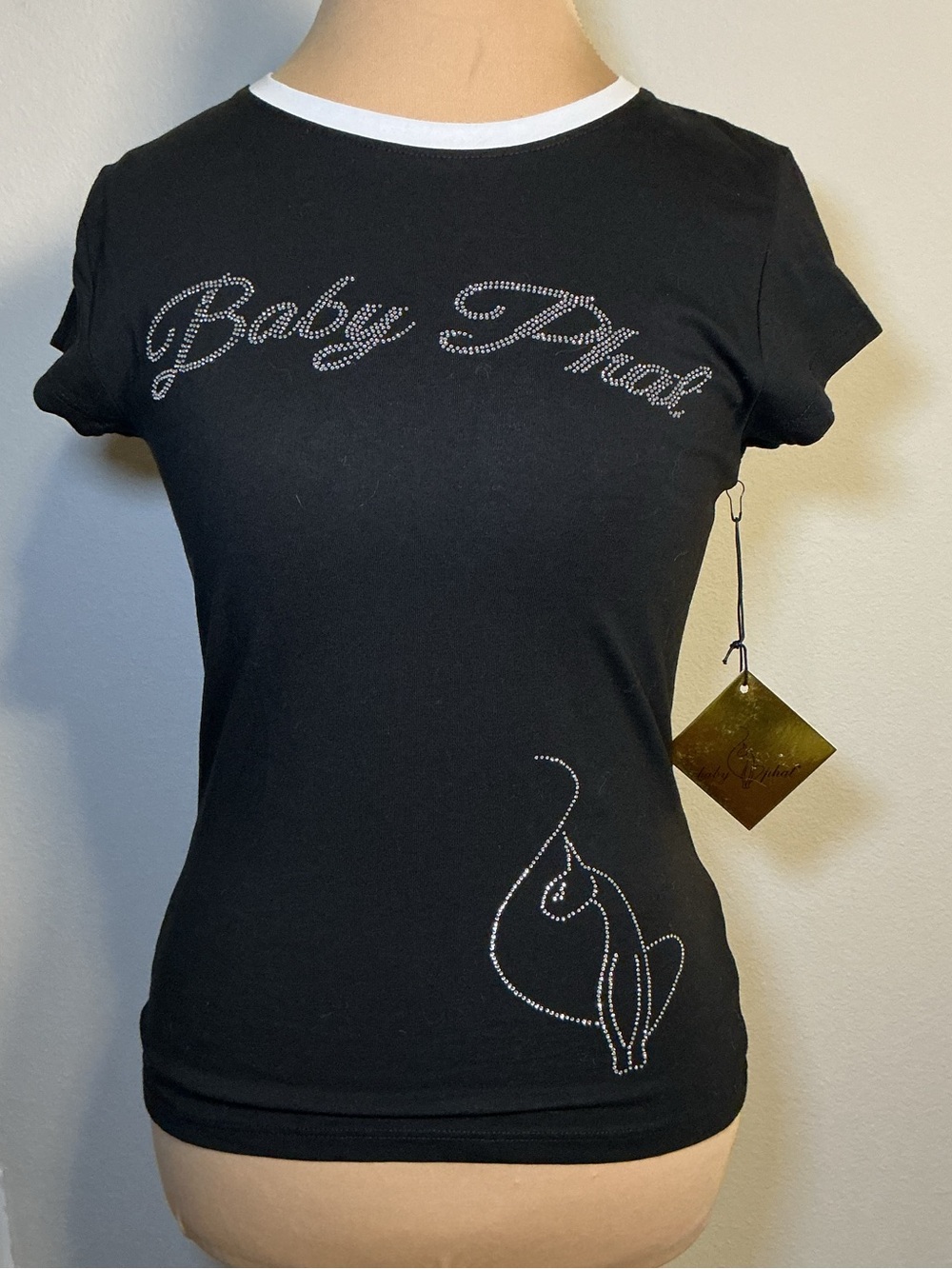 Baby Phat Black Tee with White Trim and Rhinestone Logo